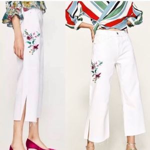 Zara Embroidered Wide Leg White Denim Jeans
